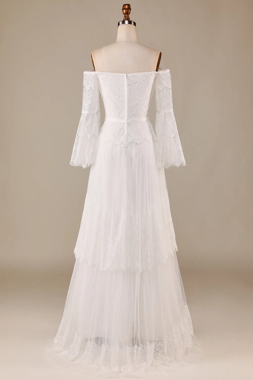 A Line Off the Shoulder Ivory Sweep Train Flare Sleeves Wedding Dress