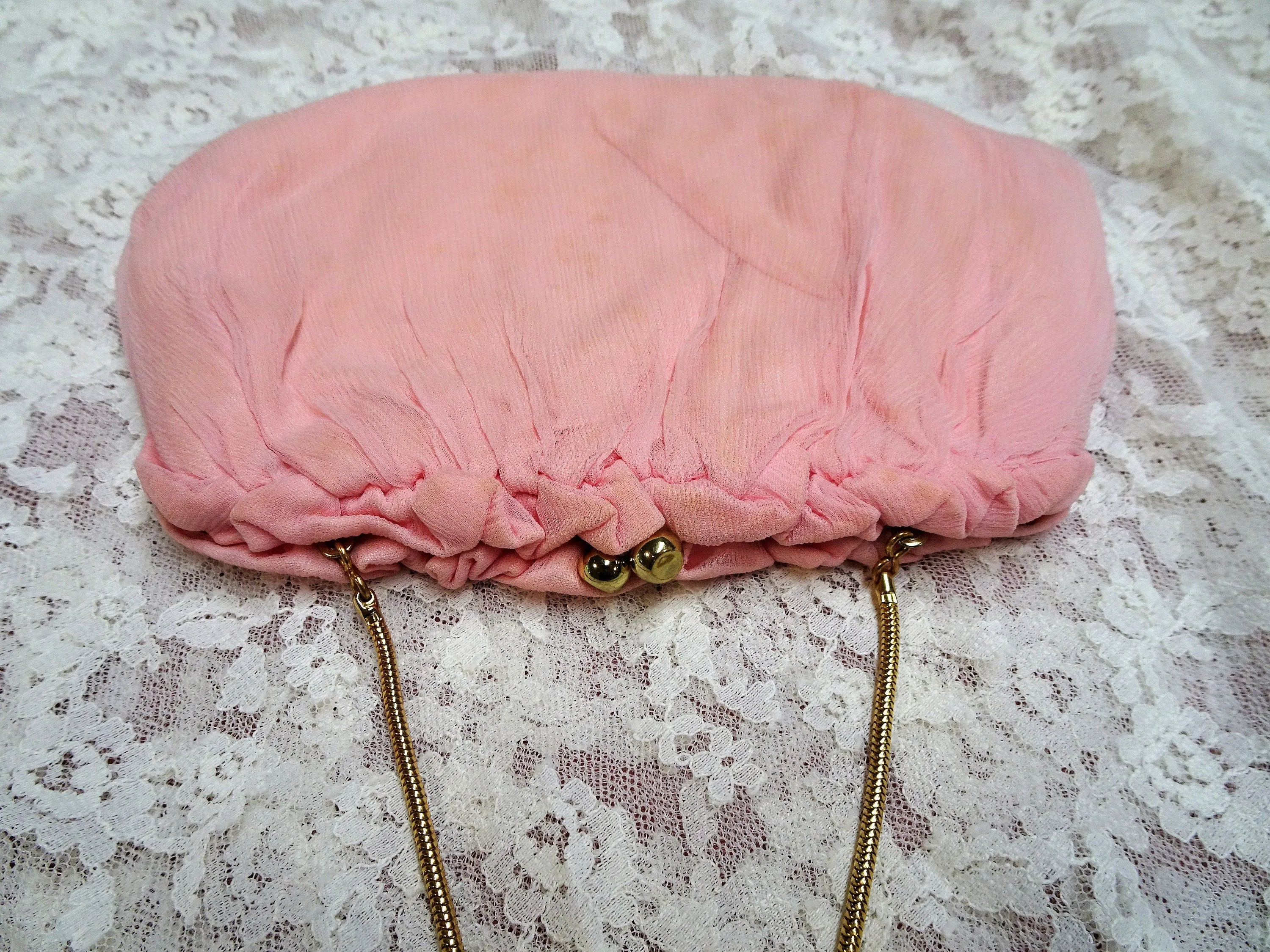 BEAUTIFUL 1950s Pink Chiffon Purse,Pleated Chiffon Evening Bag,HL HandBag,Collectible Clutch Purse,Vintage Purses