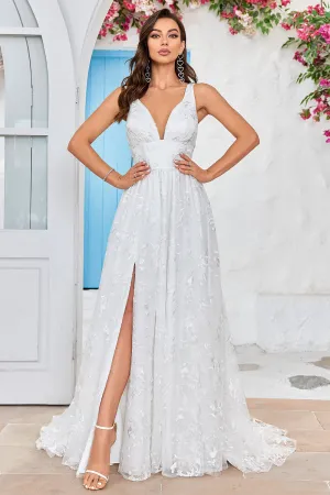 Beauty A Line V-Neck Ivory Lace Long Wedding Dress with Slit