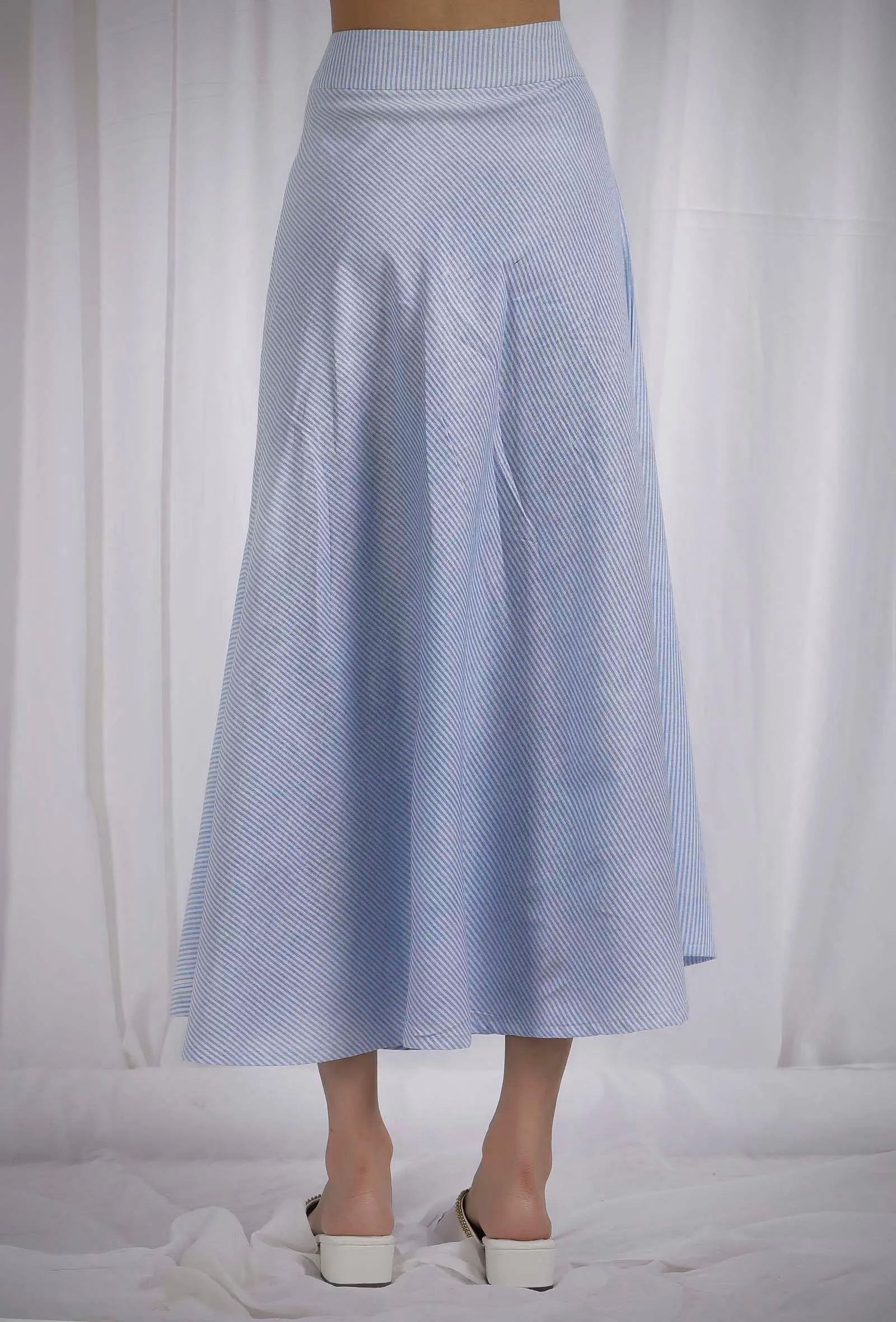 Blue Cotton Striped Flared Skirt