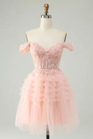 Blush A Line Off The Shoulder Corset Short Tulle Mini Dress