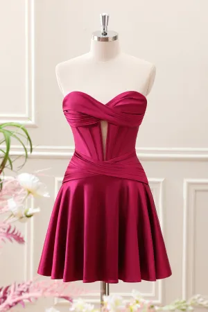 Burgundy Pleated A Line Corset Keyhole Strapless Mini Dress