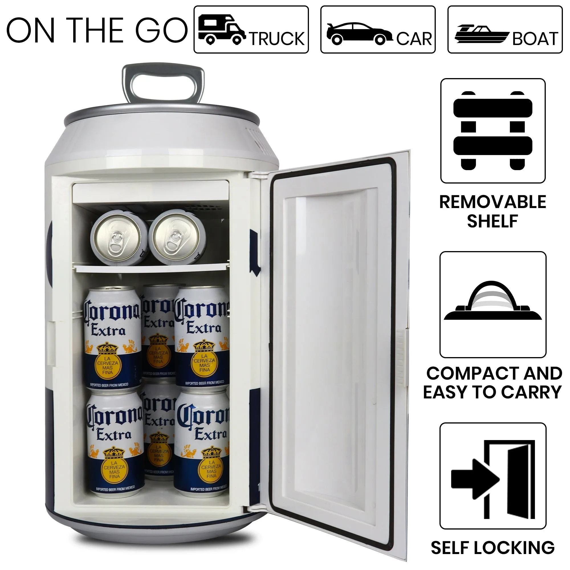 Corona 12 Can Portable Mini Fridge w/ 12V DC and 110V AC Cords, 10L (10.6 qt) Beer-Can Shaped Personal Cooler, White, Travel Fridge for Drinks, Snacks, Lunch, Home, Office, Dorm Room, RV