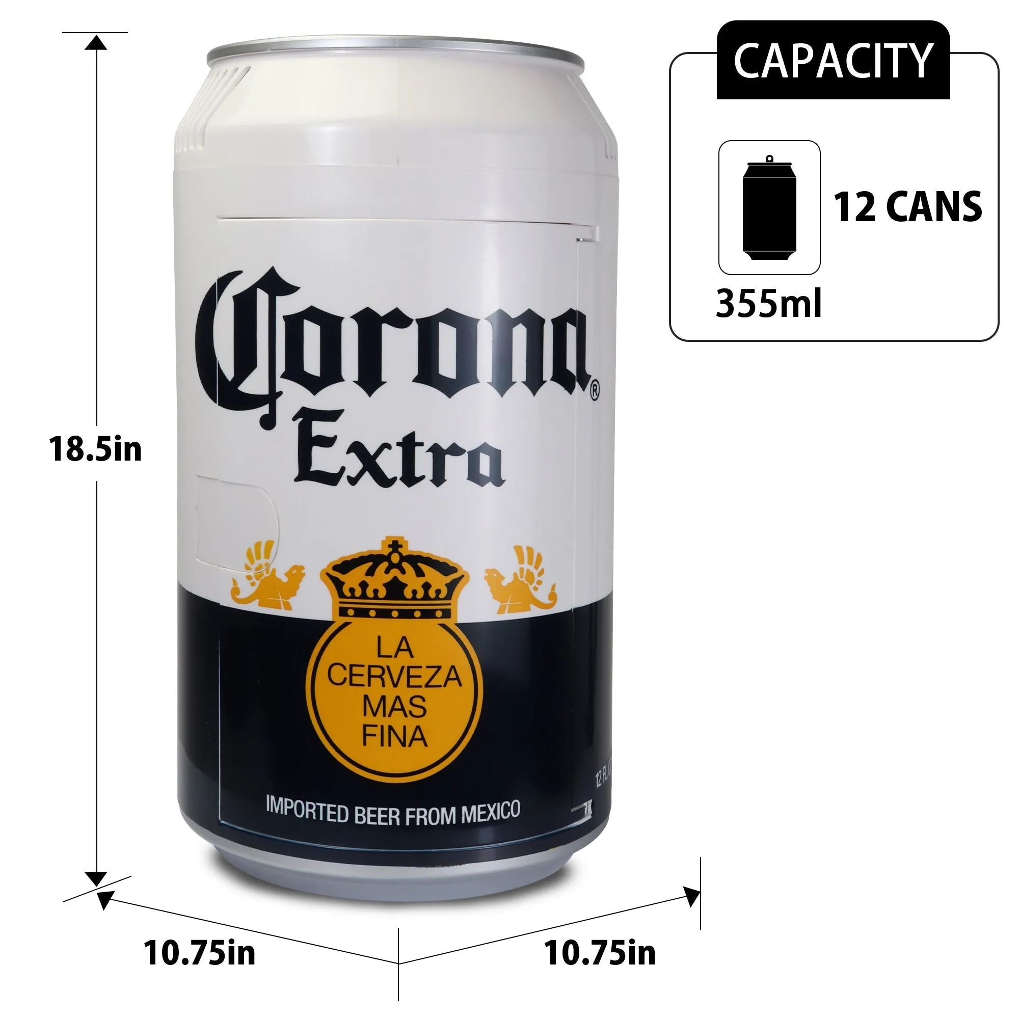 Corona 12 Can Portable Mini Fridge w/ 12V DC and 110V AC Cords, 10L (10.6 qt) Beer-Can Shaped Personal Cooler, White, Travel Fridge for Drinks, Snacks, Lunch, Home, Office, Dorm Room, RV