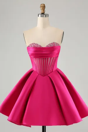 Cute Fuchsia A Line Sweetheart Corset Mini Dress with Beading