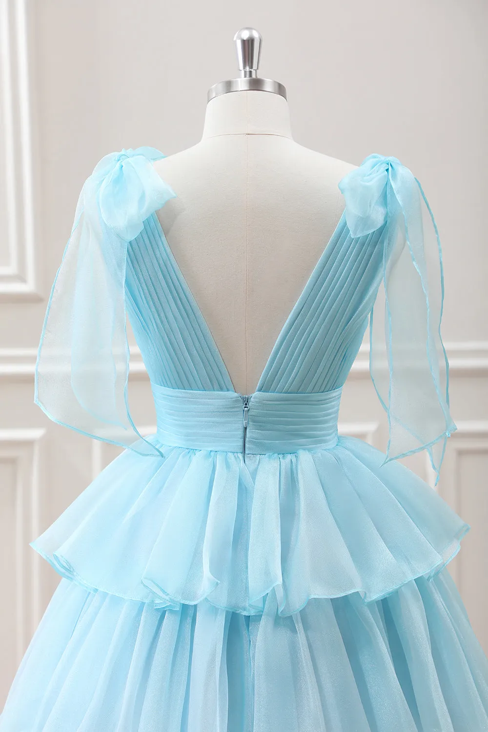 Cute Light Blue A Line V Neck Pleated Tiered Mini Dress