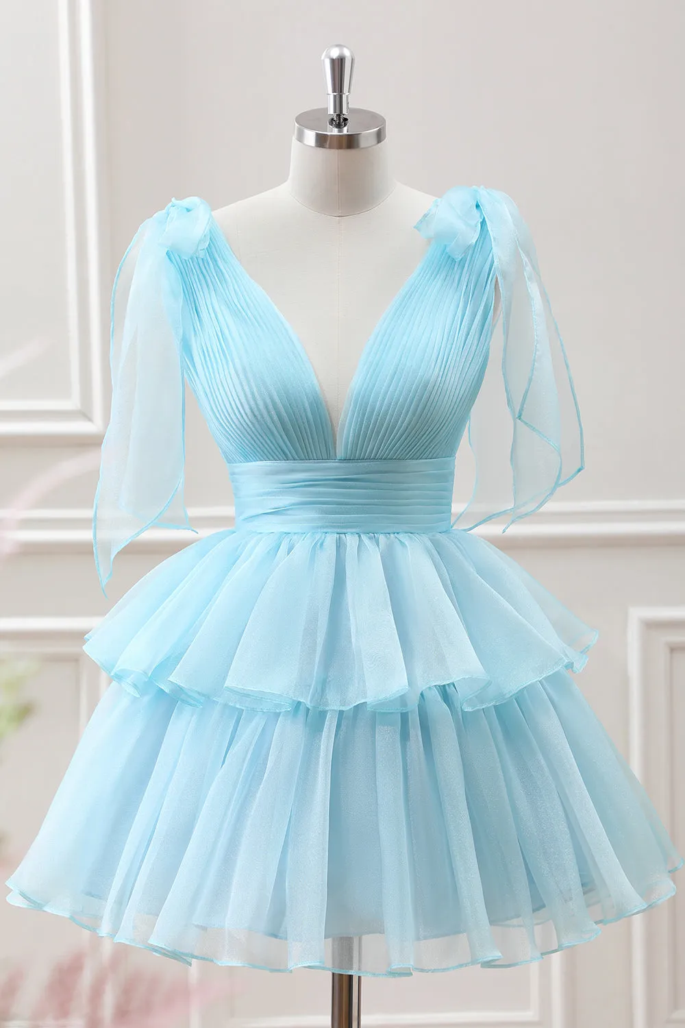 Cute Light Blue A Line V Neck Pleated Tiered Mini Dress