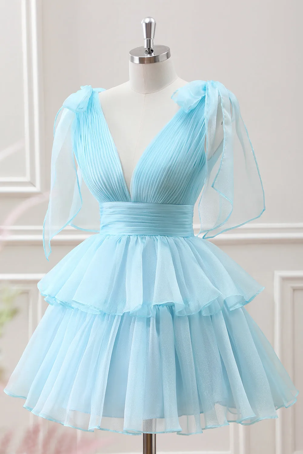 Cute Light Blue A Line V Neck Pleated Tiered Mini Dress