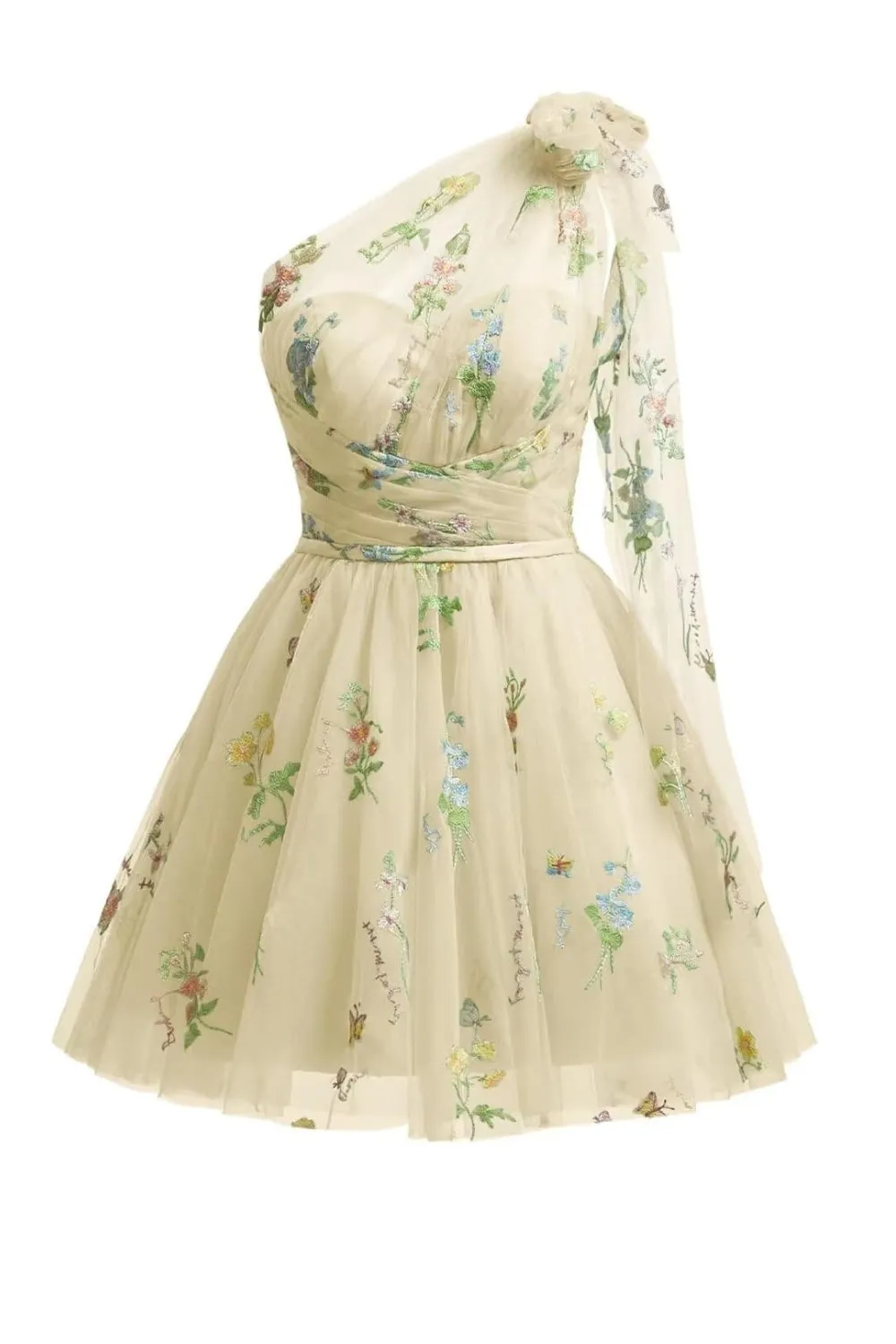 Cute Light Green A Line Tulle One Shoulder Floral Embroidery Mini Dress