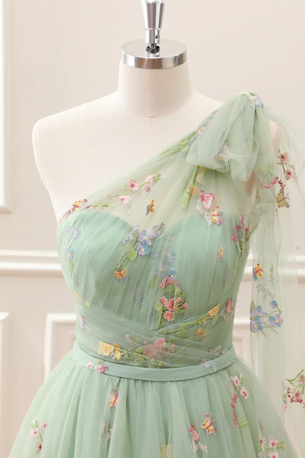 Cute Light Green A Line Tulle One Shoulder Floral Embroidery Mini Dress