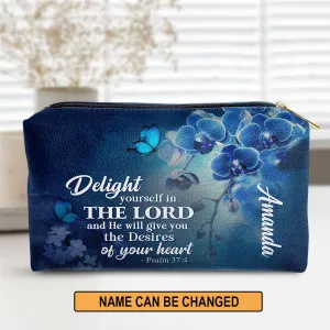 Delight Yourself In The Lord Psalm 374 Personalized Leather Pouch With Zipper - Religious Gift For Christian Family