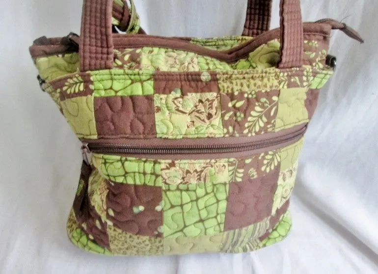 DONNA SHARP PATCHWORK Quilted BAG Tote Satchel GREEN BROWN BEIGE Vegan