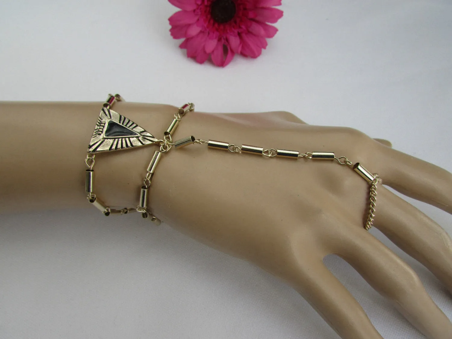 Light Gold Metal Hand Chain Gold Black Triangle Women Trendy