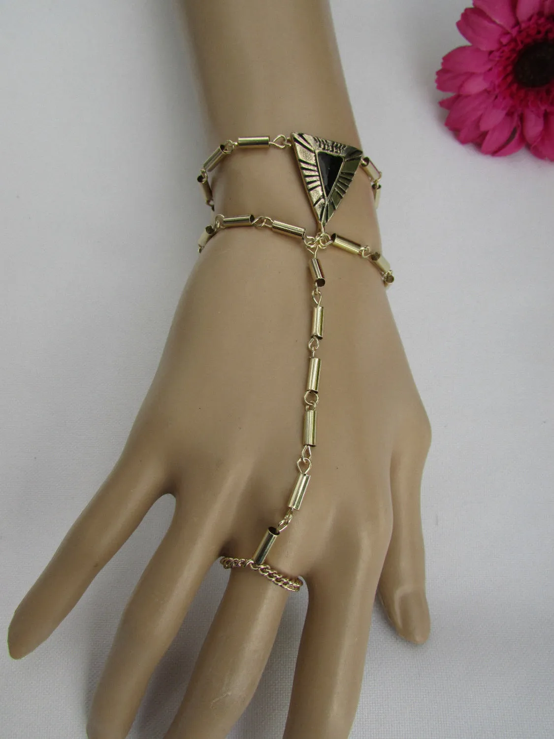 Light Gold Metal Hand Chain Gold Black Triangle Women Trendy