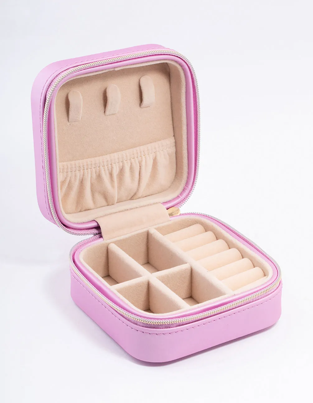 Pink Smooth Faux Leather Compact Jewellery Box