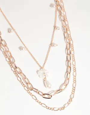 Rose Gold Short Flower Pearl 3-Row Necklace