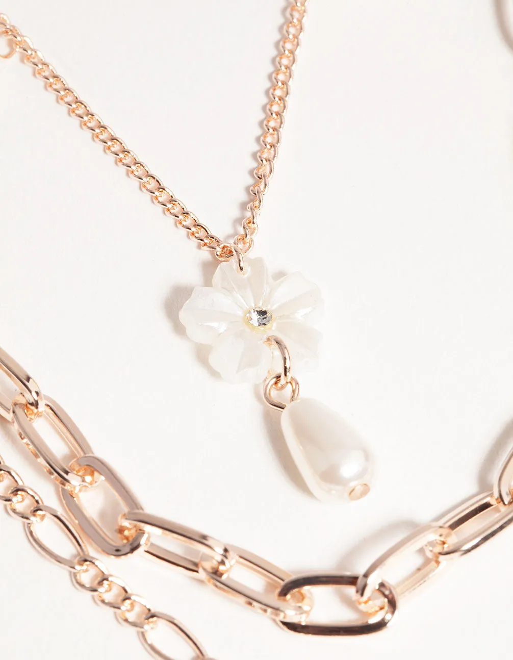 Rose Gold Short Flower Pearl 3-Row Necklace