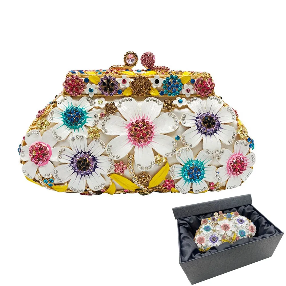 TEEK - Flower Sequin Metal Chain Rhinestone Clutch Purse