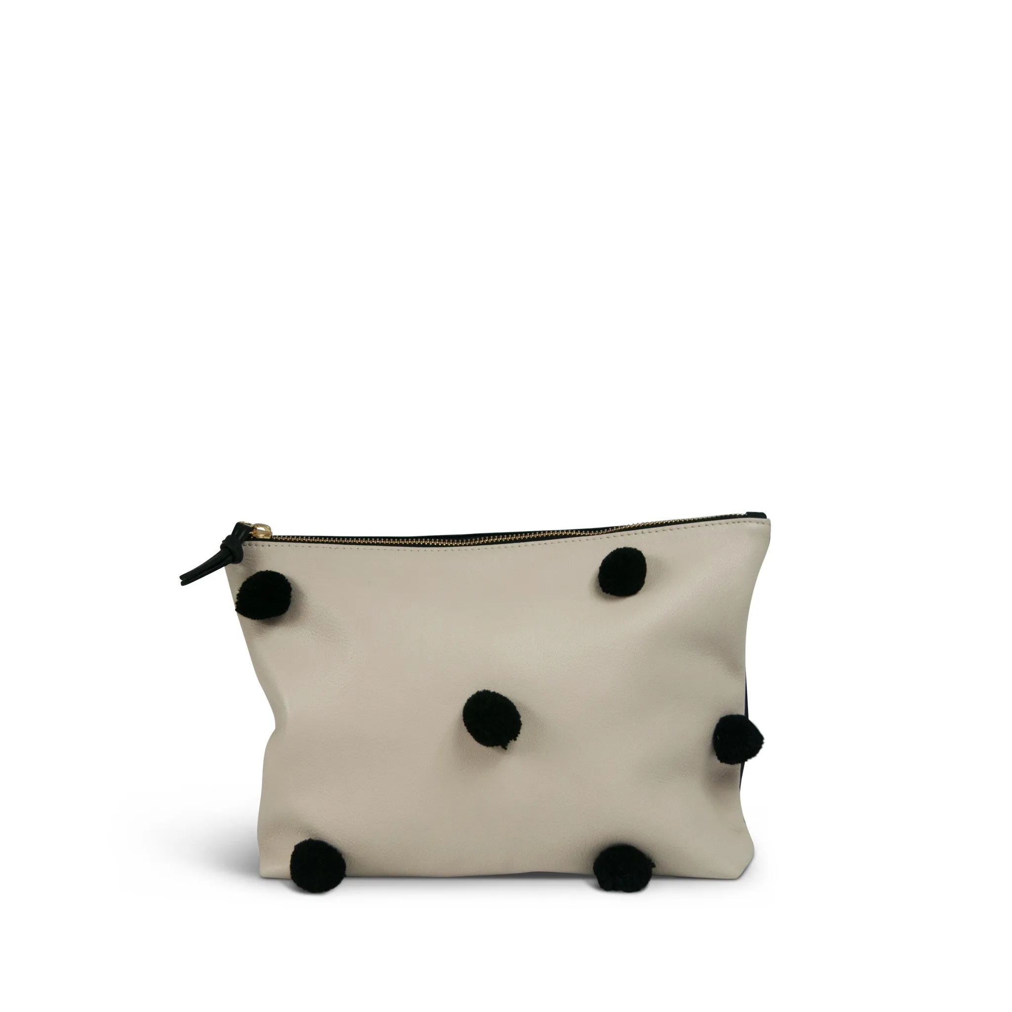 The "pom Pom" Medium Leather Pouch - Chalk With Black Poms